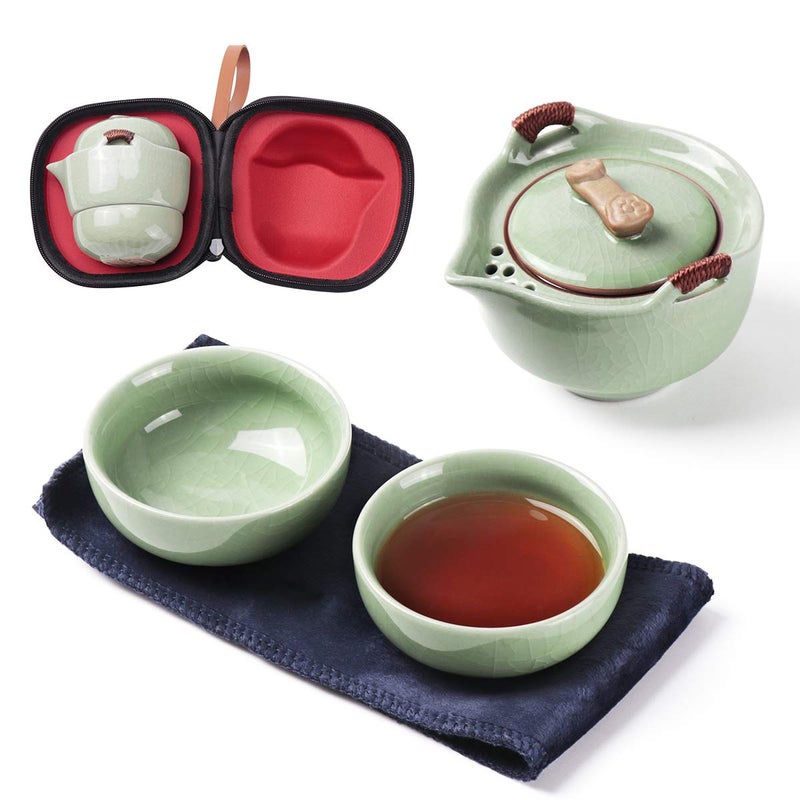 Dltsli Travel Ceramic Tea Pot Set, Chinese Kung Fu Teapot 1 Pot 2 Mini Cup Porcelain Gongfu Teacups with Infuser Portable Bag All in One for Picnic Outdoor Camping Hotel - Image 1
